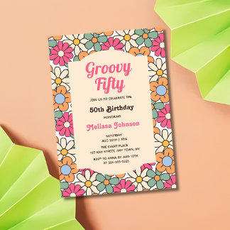 Retro Pink Peach Floral Groovy 50. Geburtstag Einladung