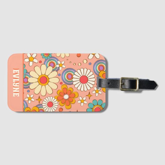 Retro Pink Peach Orange Groovy Floral Trendy Gepäckanhänger (Vorderseite (Horizontal))