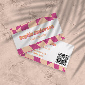 Retro Pink & Peach Wavy Pattern with QR Code  Visitenkarte