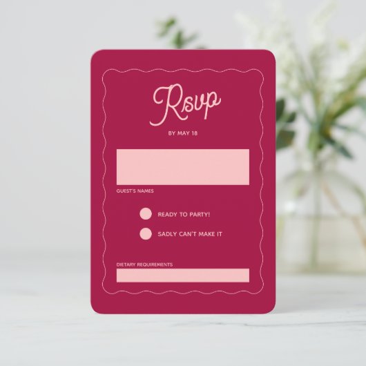 Retro Pink Peachy Fuchsia Wave Frame Wedding RSVP Karte (Stehend Vorderseite)