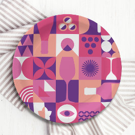Retro Pink Purple Wine Bauhaus Cocktail Pattern Pappteller