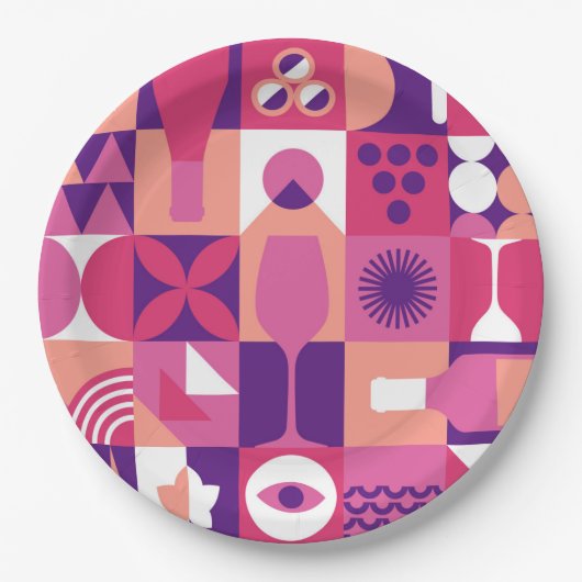 Retro Pink Purple Wine Bauhaus Cocktail Pattern Pappteller (Vorderseite)