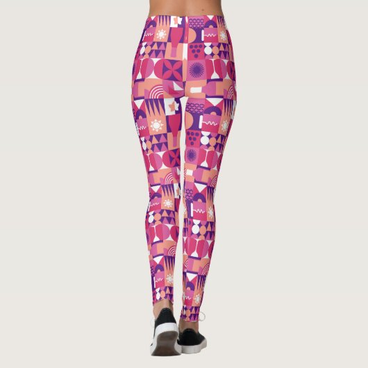 Retro Pink Purple Wine Bauhaus Pattern Leggings (Rückseite)