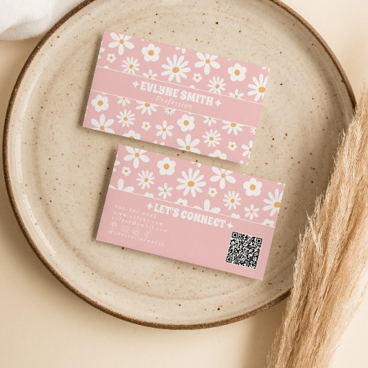 Retro Pink QR Code Groovy Floral Boho Girly Unique Visitenkarte