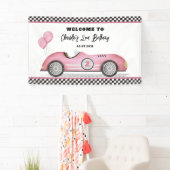 Retro Pink Race Car Zwei schnelles Mädchen Geburts Banner (Insitu)