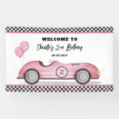 Retro Pink Race Car Zwei schnelles Mädchen Geburts Banner (Horizontal)