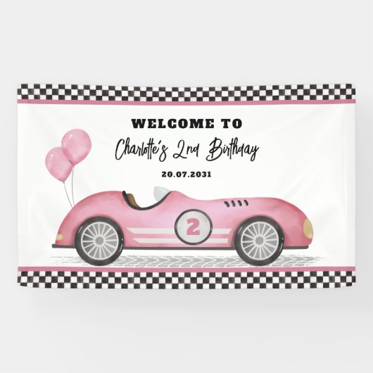 Retro Pink Race Car Zwei schnelles Mädchen Geburts Banner (Horizontal)