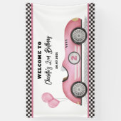 Retro Pink Race Car Zwei schnelles Mädchen Geburts Banner (Vertikal)