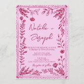 Retro Pink Raspberry QR Code Drawn Floral Wedding Einladung (Vorderseite)