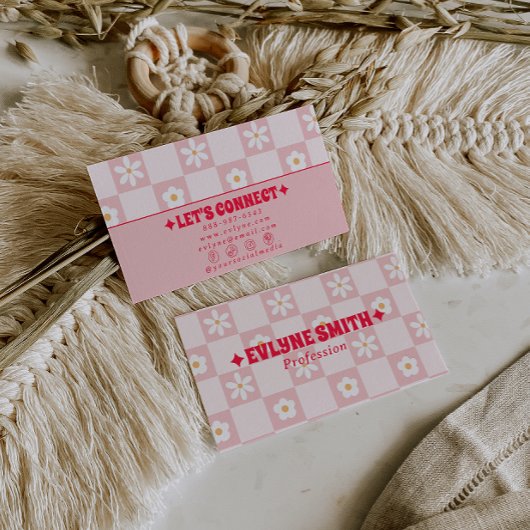 Retro Pink Red Checkered Groovy Floral Boho Trendy Visitenkarte