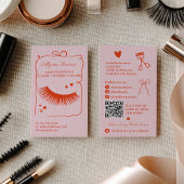 Retro Pink Red Doodles Lash Tech QR Code Visitenkarte