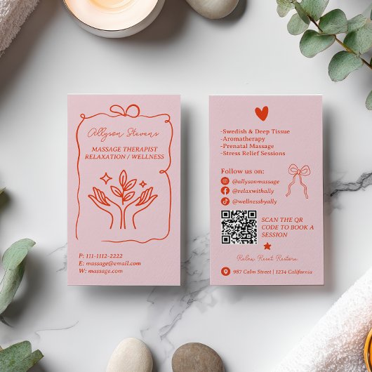 Retro Pink Red Doodles Massage Therapist QR Code Visitenkarte