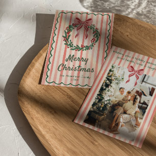 Retro Pink Red Green Gezeichnet Wreath Bow Weihnac Feiertagskarte