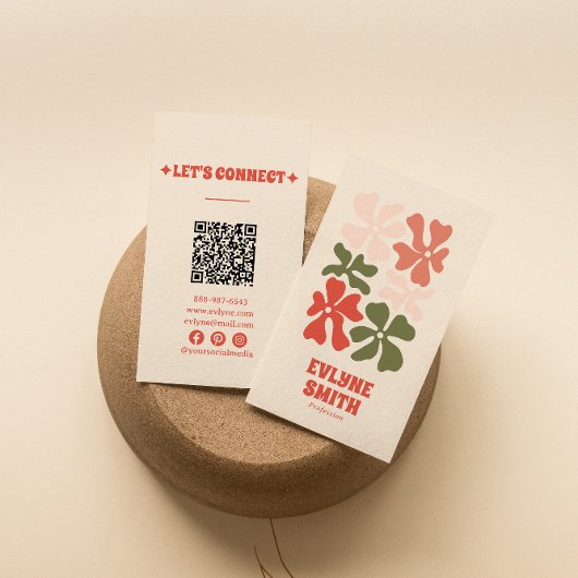 Retro Pink Red Green QR Code Groovy Floral Boho Visitenkarte
