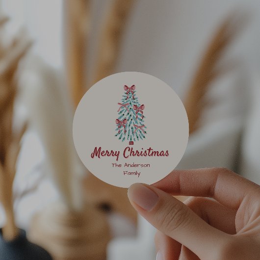 Retro Pink Red Hand Drawn Ribbons Tree Weihnachten Runder Aufkleber