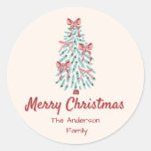 Retro Pink Red Hand Drawn Ribbons Tree Weihnachten Runder Aufkleber (Vorderseite)