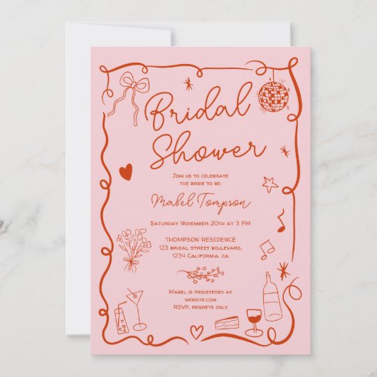 Retro pink red handdrawn illustrated bridal shower einladung (Vorderseite)