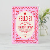 Retro Pink Red Handwriting 21St Birthday Party Einladung (Stehend Vorderseite)
