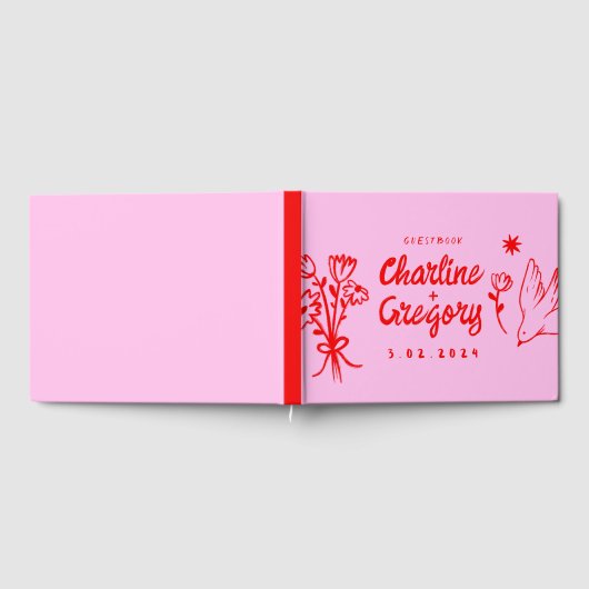 Retro Pink Red Handwriting Wedding Gästebuch (Voll)