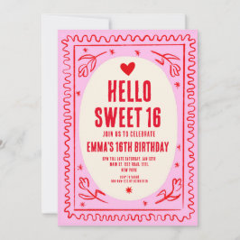 Retro Pink Red Handwritting Sweet 16 Geburtstag Einladung