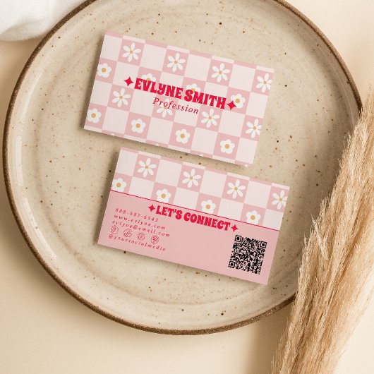 Retro Pink Red QR Code Checkered Groovy Floral Visitenkarte