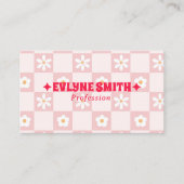 Retro Pink Red QR Code Checkered Groovy Floral Visitenkarte (Vorderseite)