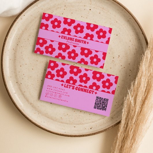 Retro Pink Red QR Code Groovy Floral Boho Girly Visitenkarte