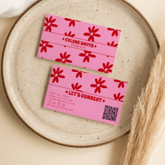 Retro Pink Red QR Code Groovy Floral Girly Trendy Visitenkarte