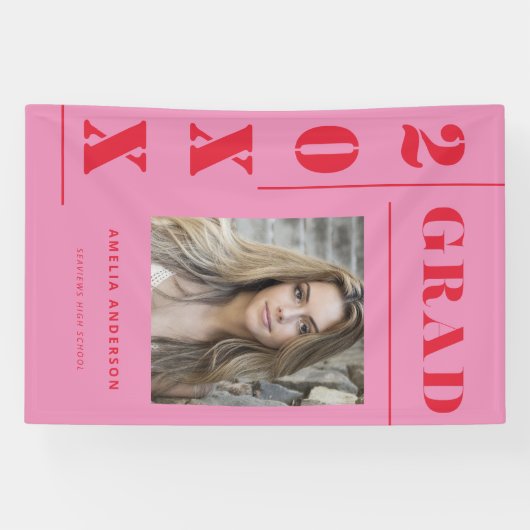 Retro Pink Red Typografy Foto Graduation Party Banner (Horizontal)