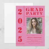 Retro Pink Red Typografy Foto Graduation Party Einladung (Vorne/Hinten)