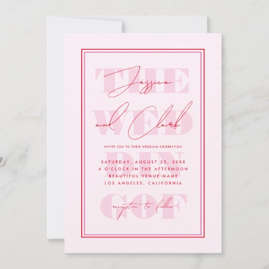 Retro Pink & Red Typografy Script Einfache Hochzei Einladung (Vorderseite)