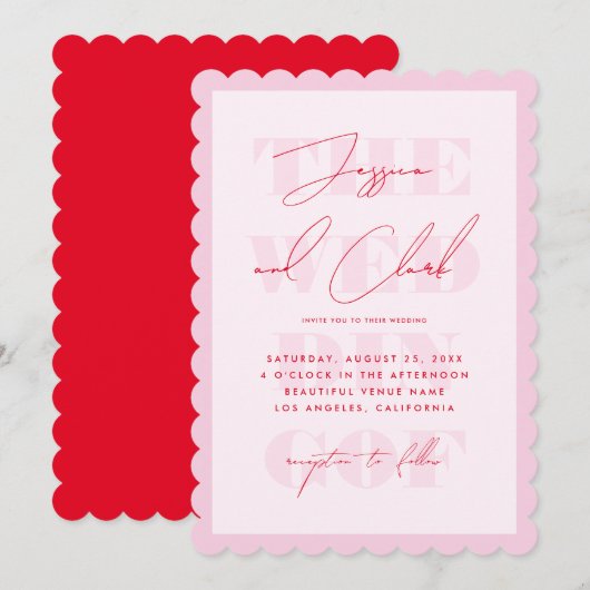 Retro Pink & Red Typografy Script Einfache Hochzei Einladung (Vorne/Hinten)