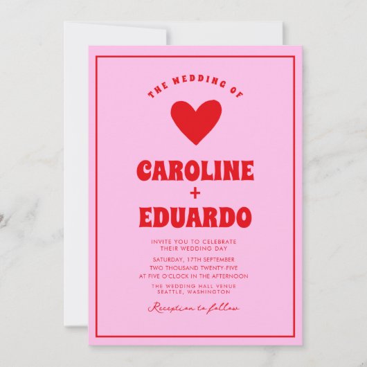 Retro Pink Red Wavy Boho Wedding Qr Code Einladung (Vorderseite)