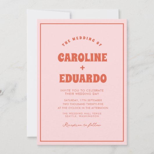 Retro Pink Red Wavy Boho Wedding Qr Code Einladung (Vorderseite)