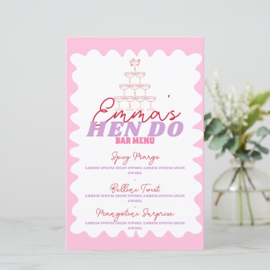 Retro Pink Red Wavy Border Party Drinks Menü (Stehend Vorderseite)