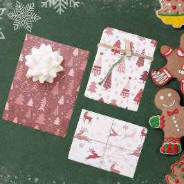 Retro Pink Rentier und Weihnachtsbaumen Geschenkpapier Set