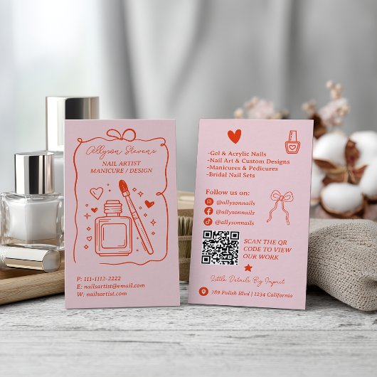 Retro Pink Rote Doodles-Nageldesign QR-Code Visitenkarte