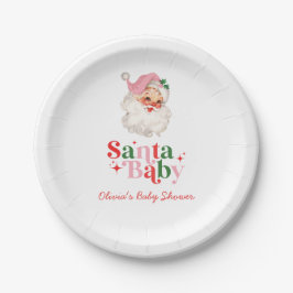 Retro Pink Santa Baby christmas baby shower Pappteller
