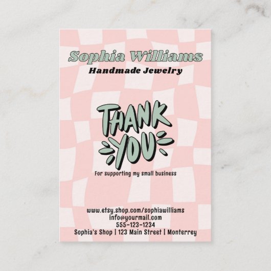 Retro Pink Schachbrett Necklace Juwelier Display C Telefonnummerkarte (Rückseite)