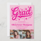 Retro Pink Script Stars 3-Foto-Graduierungsparty Einladung (Vorderseite)