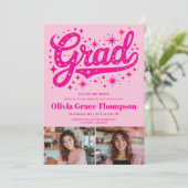 Retro Pink Script Stars 3-Foto-Graduierungsparty Einladung (Stehend Vorderseite)