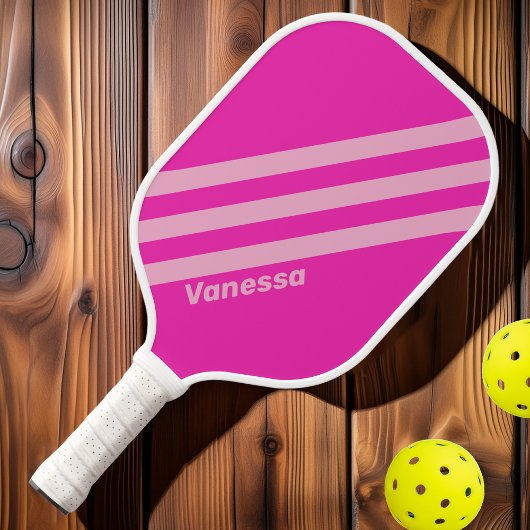 Retro Pink Sky Drei Streifen mit Namen Pickleball Schläger