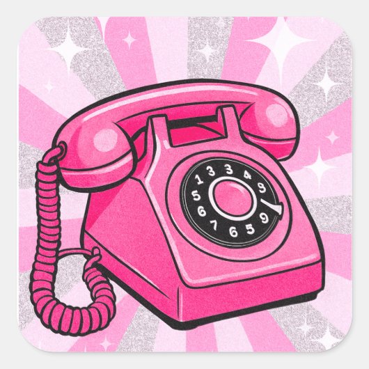 Retro Pink Sparkle Rotary Landline Telefon Quadratischer Aufkleber (Vorderseite)