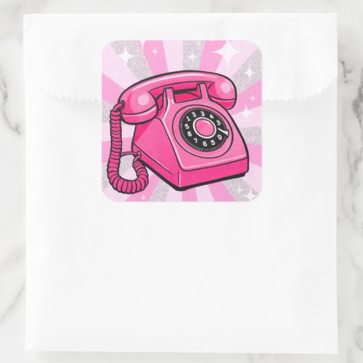Retro Pink Sparkle Rotary Landline Telefon Quadratischer Aufkleber (Tasche)