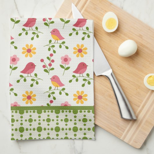 Retro Pink Spring Birds Panel Geschirrtuch (Viertel Falte)