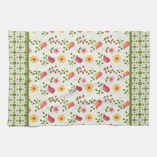 Retro Pink Spring Birds Panel Geschirrtuch (Horizontal)