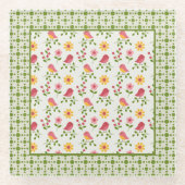 Retro Pink Spring Birds Panel Glasuntersetzer (Vorderseite)