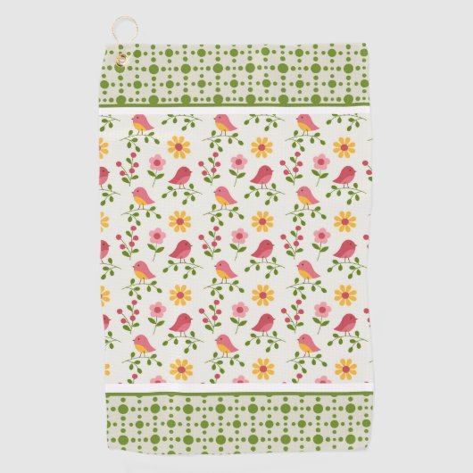 Retro Pink Spring Birds Panel Golfhandtuch (Vorderseite)