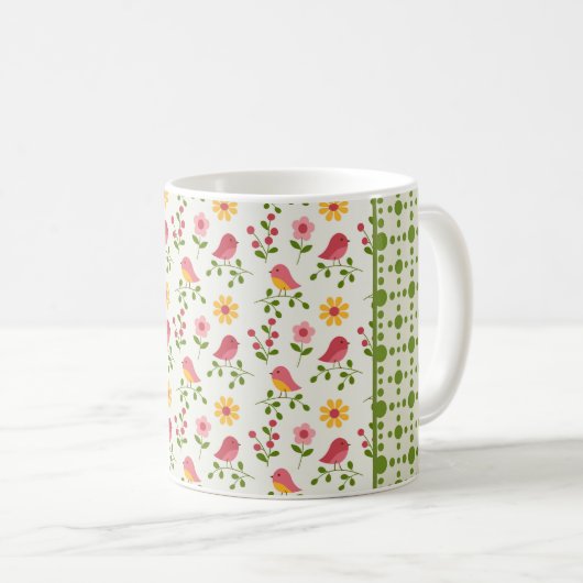 Retro Pink Spring Birds Panel Kaffeetasse (VorderseiteRechts)