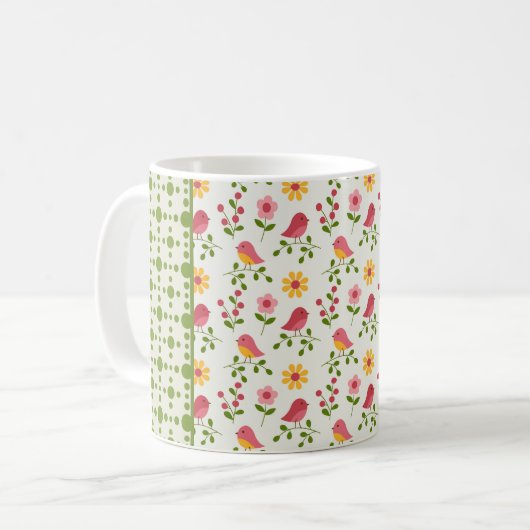 Retro Pink Spring Birds Panel Kaffeetasse (Vorderseite Links)